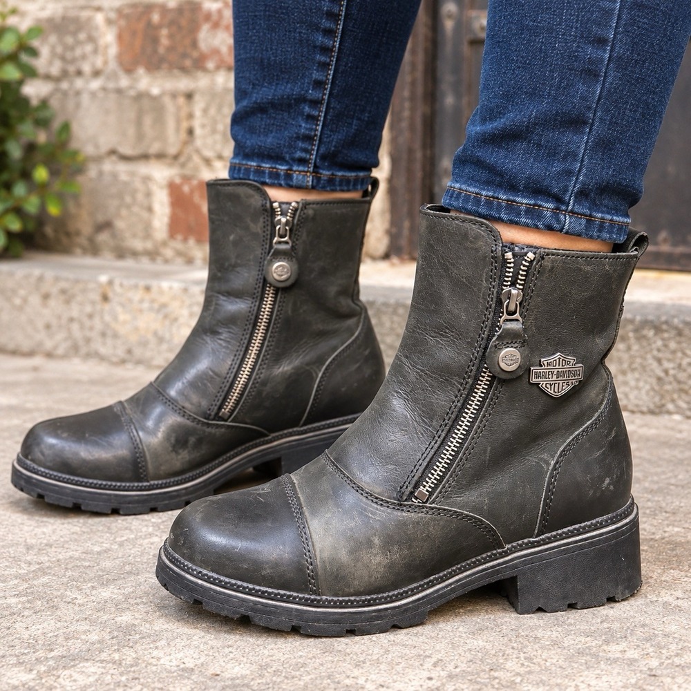 Harley Davidson Amherst D84236 Womens 6.5M Black Leather Biker Zip Boots